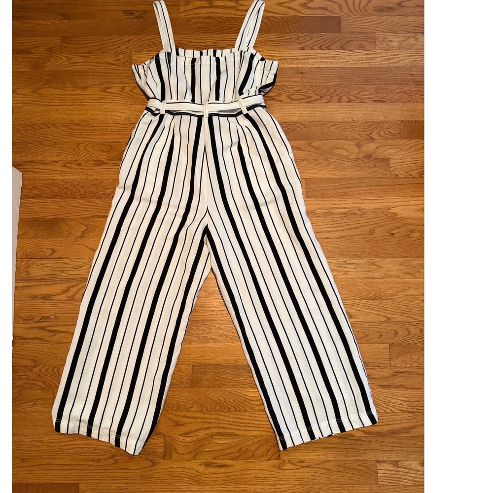 LOFT Striped Linen Blend Wide Leg Jumpsuit Black White Button Front Size 8 - Picture 3 of 10